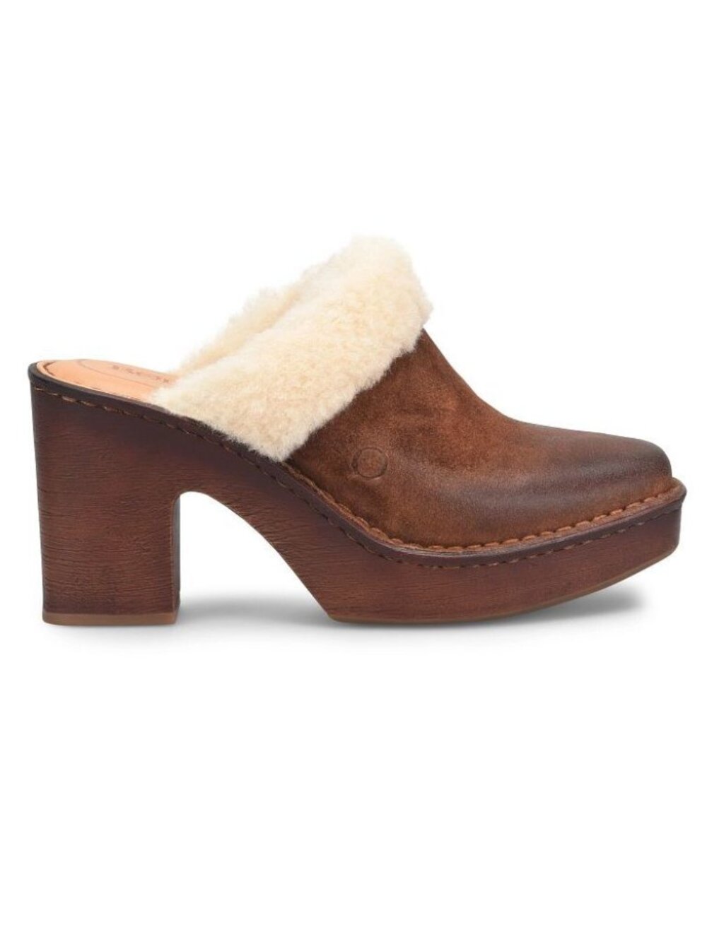 BORN Hope Heeled Platform CLOGS Shoes Size 6 Rust Brown Suede Shearling Trim NEW